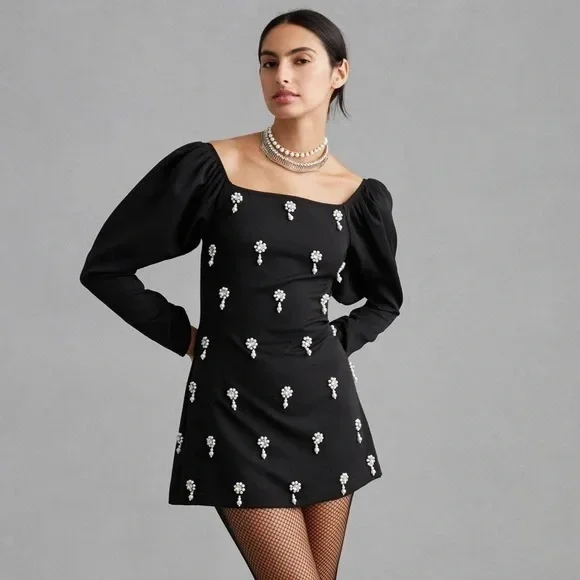 Anthropologie | Dresses | Anthropologie Not So Seriouselegant Black Dress  With White Floral Accents | Poshmark